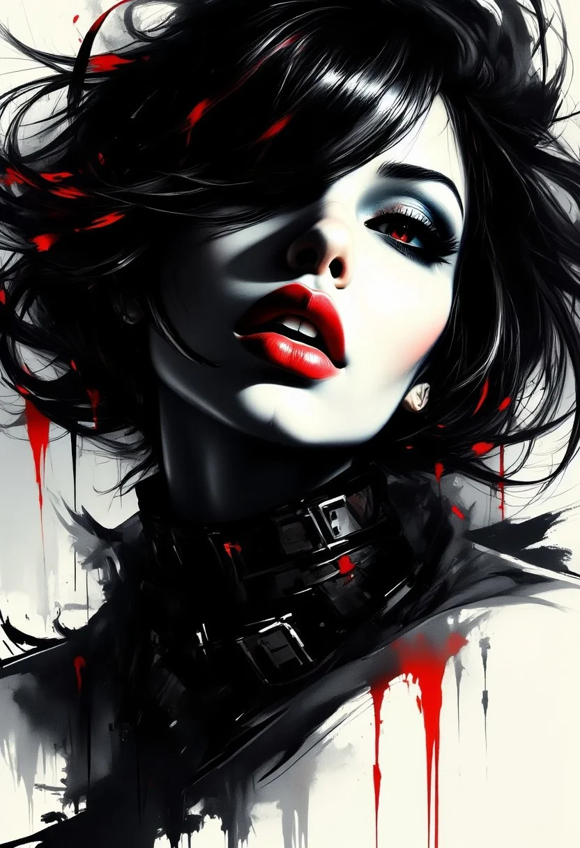 Silhouette Art, magnificent, dark background, inksplash portrait of stunning oriental woman, long shaggy hair, seductive, sultry, red lips, direct gaze, light hitting one side of face, gradient colour background