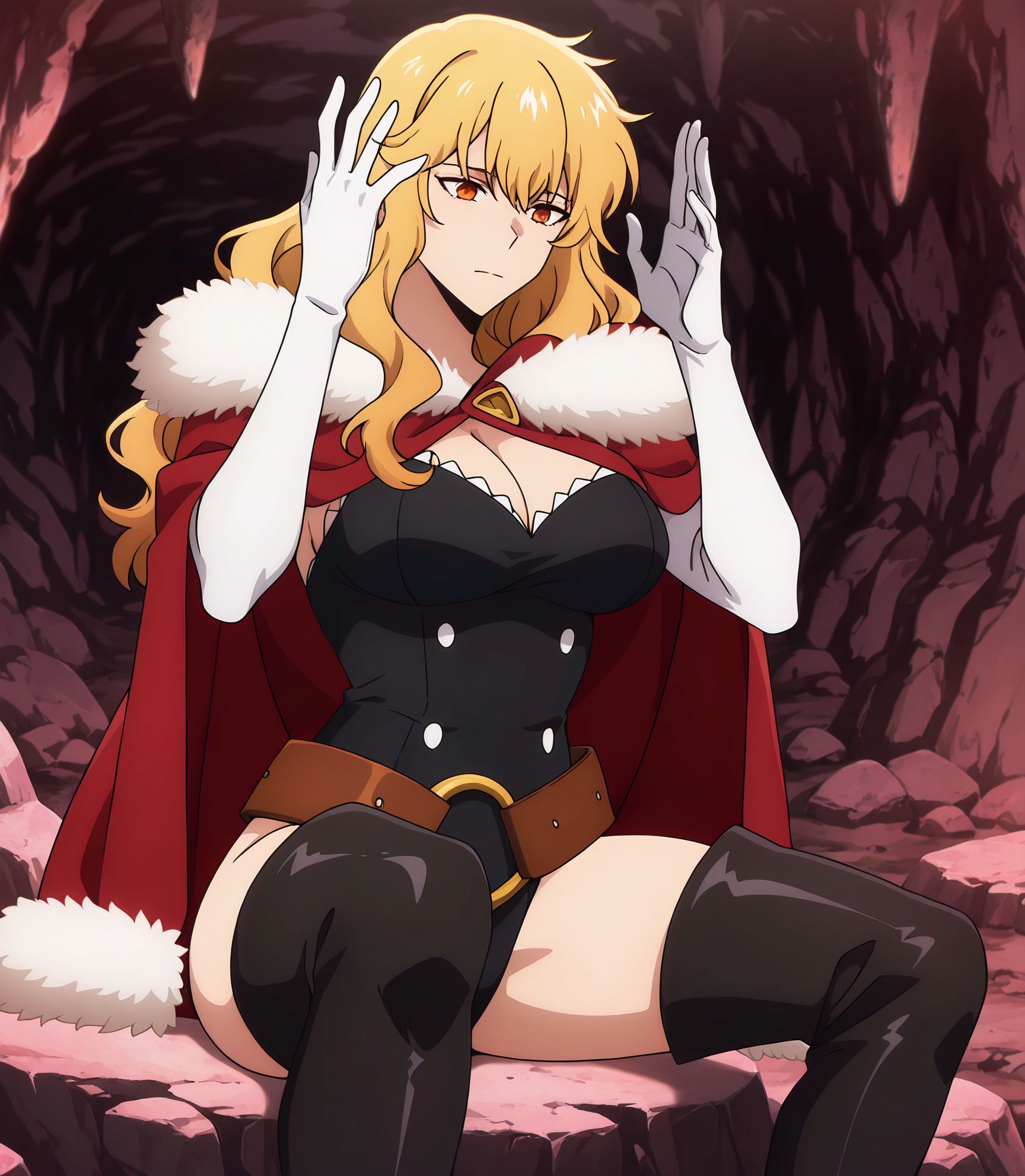 masterpiece, best quality, newest, absurdres, highres, detailed eyes, beautiful, detailed background, perfect eyes, anime coloring, anime screencap,
<lora:My_dad_got_the_MVP:1>My dad got the MVP,
Raising both hands with palms open near the head,
1boy,male focus,indoors, sitting, 
solo,raising both hands  near the head,
cave, dark them,rock, 
<lora:SoloLeveling_Gina_IlluXL:0.9>, 1girl, solo, closed mouth, wavy hair, blonde hair, long hair, orange eyes, GinaSL, fur-trimmed cape, red cape, black leotard, cleavage, large breasts, buttons, elbow gloves, white gloves, brown belt, thigh boots, black footwear,