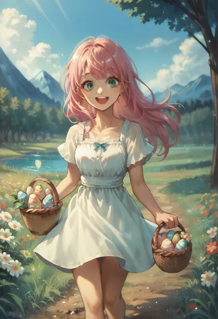 score_9, score_8_up, score_7_up, source_anime, cowboy shot, looking at viewer, smile, open mouth, surprised, 1girl, long hair, pastel pink hair, aqua eyes, bangs, sundress, holding basket, running, outdoors, easter egg, field, flower, tree, lake, mountain