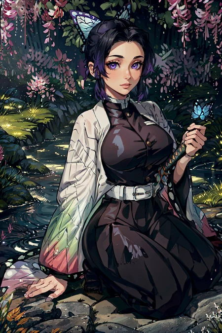 (masterpiece, best quality, ultra detailed, absurdres)1.5, 1girl, (sexy, beautiful woman, perfect face, perfect eyes, perfect female body, huge breasts)1.5, (kochou_shinobu, SH1N0BU, demon slayer uniform, solo, butterfly hair ornament, black hair, purple hair, japanese clothes, haori, multicolored hair, katana on the ground, <lora:[P]-Shinobu:1>), (kneeling, in a Japanese garden, wisteria trees), perfect lighting, smooth, hdr