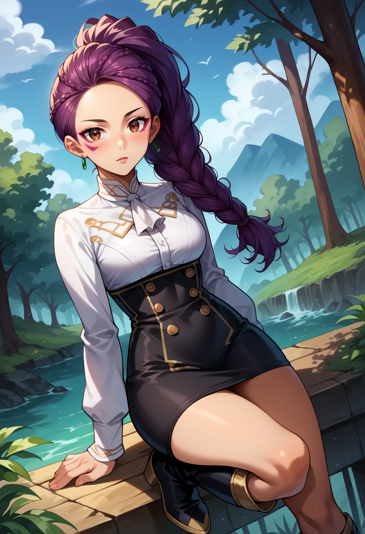 score_9, score_8_up,score_7_up, source_anime, 1girl, solo, <lora:EPfePetra:1>, 
brown eyes, long hair, purple hair, single braid, braided ponytail,
OutfitGGM, white shirt, collared shirt, long sleeves, black skirt, white neckerchief, high-waist skirt, high heel boots, black footwear, earrings, facial mark,
forest, looking at viewer, blue sky,