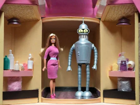 ((A Barbie Doll in a doll house)) benderbot <lora:SDXL-benderbot-Lora:1.0>, very detailed, clean, high quality, sharp image