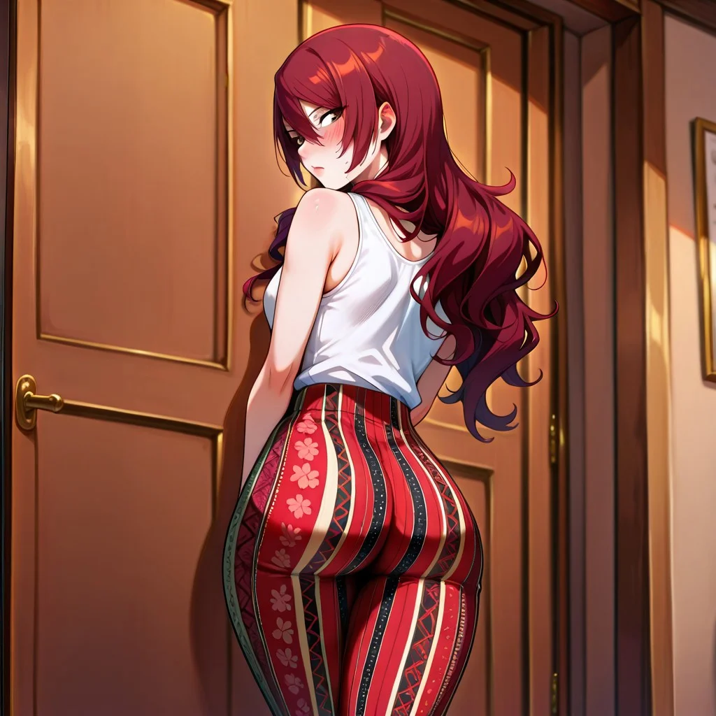 masterpiece, best quality, newest, high res, 1woman, p3mitsuru, kirijou mitsuru, long hair, red hair, hair over one eye, pants, long pants, print pants, forbidden pants, flare pants, floral pattern, yoga pants, printed pants, striped pants, floral print, white and red pants, looking back, blushing