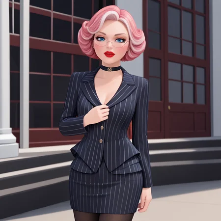 <lora:MrClaus_pony_v1:1>  MrsClaus, 1girl,  glasses, round eyewear,  solo, blue eyes, red lips, lipstick, makeup, pink hair,  short hair,  freckles, cowboy shot,  <lora:0856 OL professional suit skirt 1_v1_pony:1> ruanyi0856,striped jacket,choker,black pantyhose,striped skirt,glasses,black skirt,pinstripe pattern