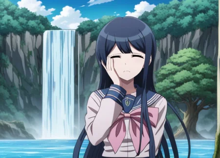 <lora:Sayaka_Maizono_SDXL:1>, This anime screencap is from Danganronpa the Animation. Sayaka Maizono wearing her uniform from Danganronpa 1. She has long, dark blue hair flowing past her waist, the hair framing her face cut shorter at elbow-length, with bangs swept to the right. Two thin hairclips can be found pinned on her bangs to her right, another pinned on the left side of her face. Her eyes are round and dark blue. Sayaka wears a light pink ribbon tied in a bow at her collar and a short pleated blue plaid skirt. Sayaka's legwear consists of navy thigh-high socks, the edges striped with a white line. Sayaka's shoes are dark brown Mary Janes with silver buckles. Sayaka's school crest is printed in gold on her collar flap and her left sleeve. Sayaka Maizono is enacting a facepalm . Chiaki's expression is sad expression . Sayaka Maizono is interacting with a person in the waterfalls of a magical fae wild forest city surrounded by cliffs and waterfalls with multicolor trees, massive tree in the center and huge castle