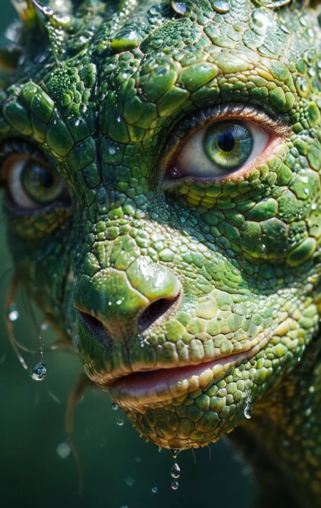 (masterpiece), (best quality), (ultra-detailed), This is a close up of a face of a reptile. The reptile has green eyes and a white body. Its head and neck are covered in hexagonal cracks. There are water droplets on the eyes.,(double exposure portrait photo:1.4), (primary color tones:1.2), (underexposed:1.2), (matte finish:1.2), light leaks, high detail, soft focus, natural light, dynamic lighting, expressive, artistic, ethereal, contemplative, serene, 85mm lens, f/1.8, vibrant, layered textures, dreamy, nostalgic, illustration, disheveled hair, detailed eyes, perfect composition, moist skin, intricate details, earrings, by wlop