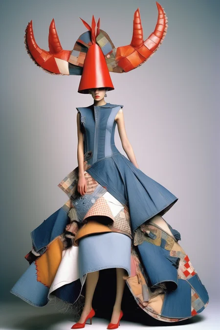 <lora:Avant-garde Fashion:1>Avant-garde Fashion - Translate scaparelli's iconic pieces (shoe hat, lobster dress, tear dress, earring in form of an ear) into Nigel Xavier's patchwork style including some denim.