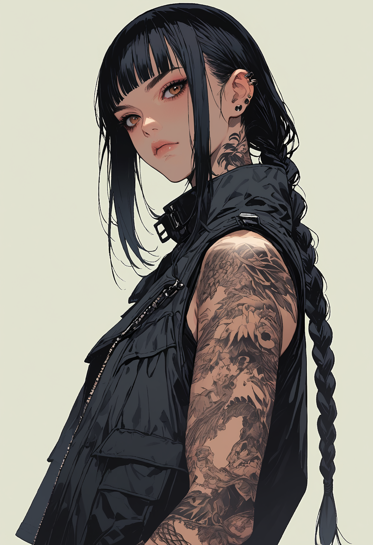 score_9, score_8_up, score_7_up,source_anime,1girl,solo,black hair,long hair,braided ponytail,blunt bangs,brown eyes,perfecteyes,eyebrows,hair behind ear,high neck sleeveles jacket,tattoos,pants,from the side,dark background,sinozick,flat colors,cowboy body shot