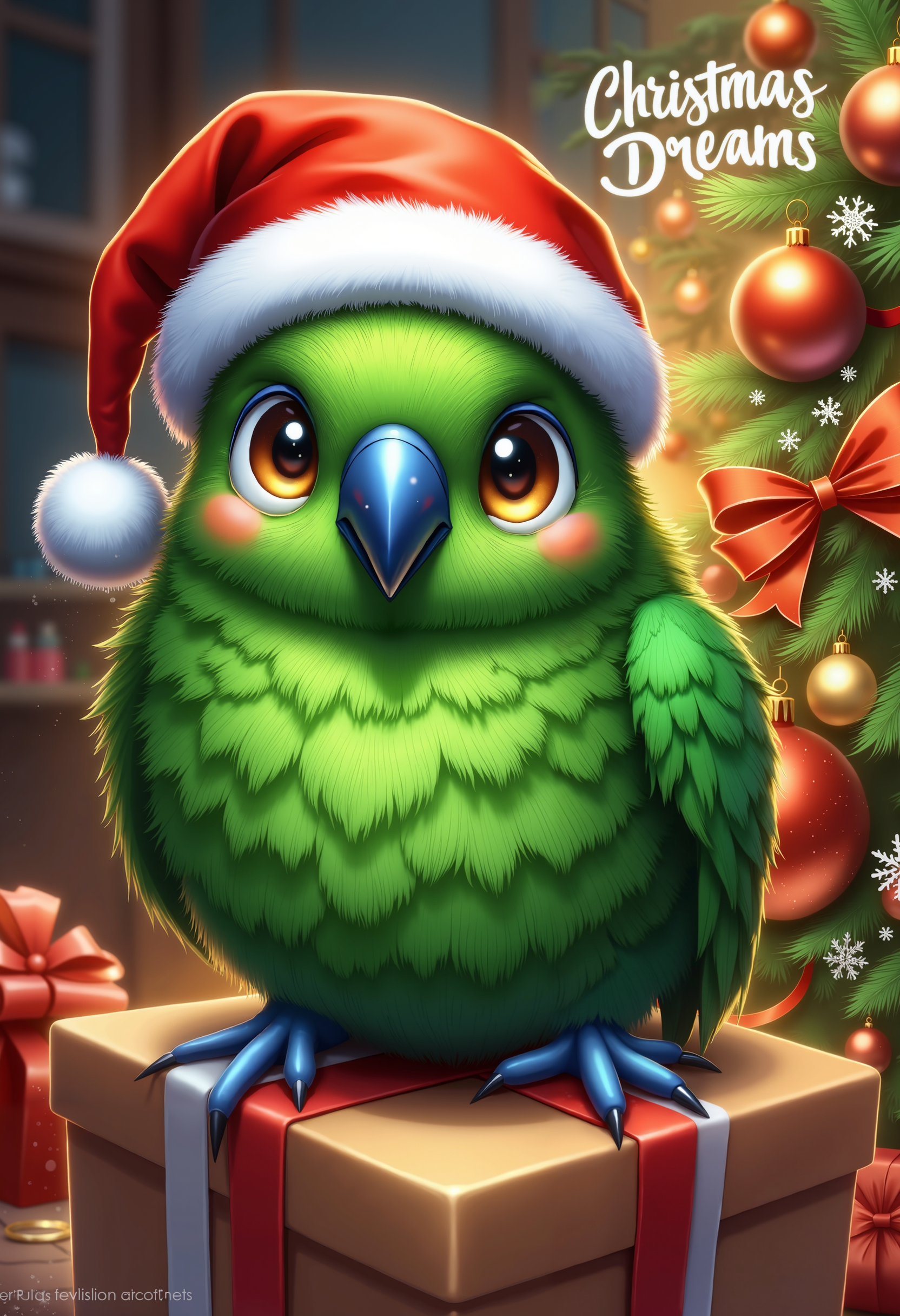 bo-christmas, christmas mood, magical christmas, a highly detailed digital illustration depicting a green parrot perched on a gift box, the parrot has a bright green plumage with a blue beak and a distinctive red santa hat adorned with white fur trim, its eyes are large and expressive, with a soft, inviting gaze, the background features a blurred, golden-brown gradient, suggesting a cozy, festive setting, to the right, a close-up of a christmas tree decorated with red and gold ornaments and a red ribbon, adding a festive touch, the tree's branches are adorned with snowflakes, giving it a wintery feel, the gift box it sits on is wrapped in brown paper with a white ribbon, and adorned with a red bow, the overall color palette is warm and inviting, with the red and white of the hat contrasting against the cool tones of the background, the illustration is highly realistic, with meticulous attention to texture and lighting, creating a vivid and immersive visual experience, with a lettering text:"Christmas Dreams" on the top of the image, high quality, ultra detailed, colorful, abstract, fantasy.<lora:Flux\boFLUX Christmas Dreams.safetensors:1.0:1.0>