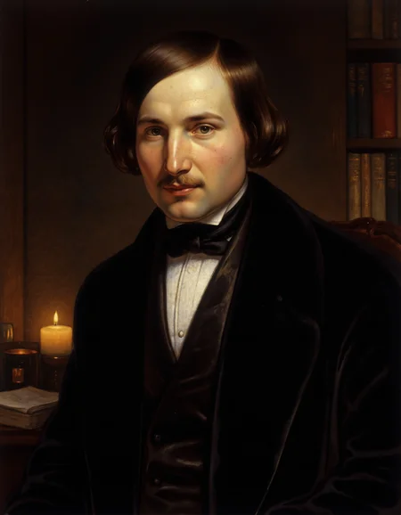 <lora:GOGOL:1>, A highly detailed portrait of Nikolai Gogol â a famous Russian writer of the 19th century. He looks serious and contemplative, with deep-set eyes, a long nose, and a small mustache. He is wearing a dark overcoat and a white cravat, sitting in a dimly lit study filled with old books and candles. Realistic facial features, dramatic chiaroscuro lighting, atmospheric shadows, and rich textures on his clothes and background. The style should be hyperrealistic with a touch of mystery and romantic melancholy.