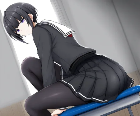 masterpiece, best quality, amazing quality, sfw, 1girl, solo, looking at viewer, shirayuki chiyo, white sailor collar, black shirt, long sleeves, pleated skirt, sitting on object,
<lora:Poshi style ILL-v2:1> poshi_style