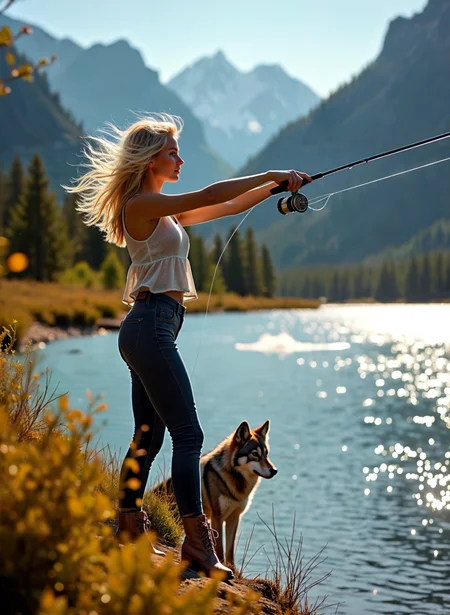 Photograph of a young woman standing on the edge of a cliff overlooking a lake. She is wearing a white tank top, blue jeans, and brown boots. She has blonde hair that is blowing in the wind and is holding a fishing rod in her right hand. A husky dog is standing next to her, looking up at her. The lake is calm and there are mountains in the background. The sky is blue and the sun is setting, casting a warm glow over the scene. The overall mood of the image is peaceful and serene. <lora:add-detail-xl:.5> <lora:Flux-style-xl-lora:.5>