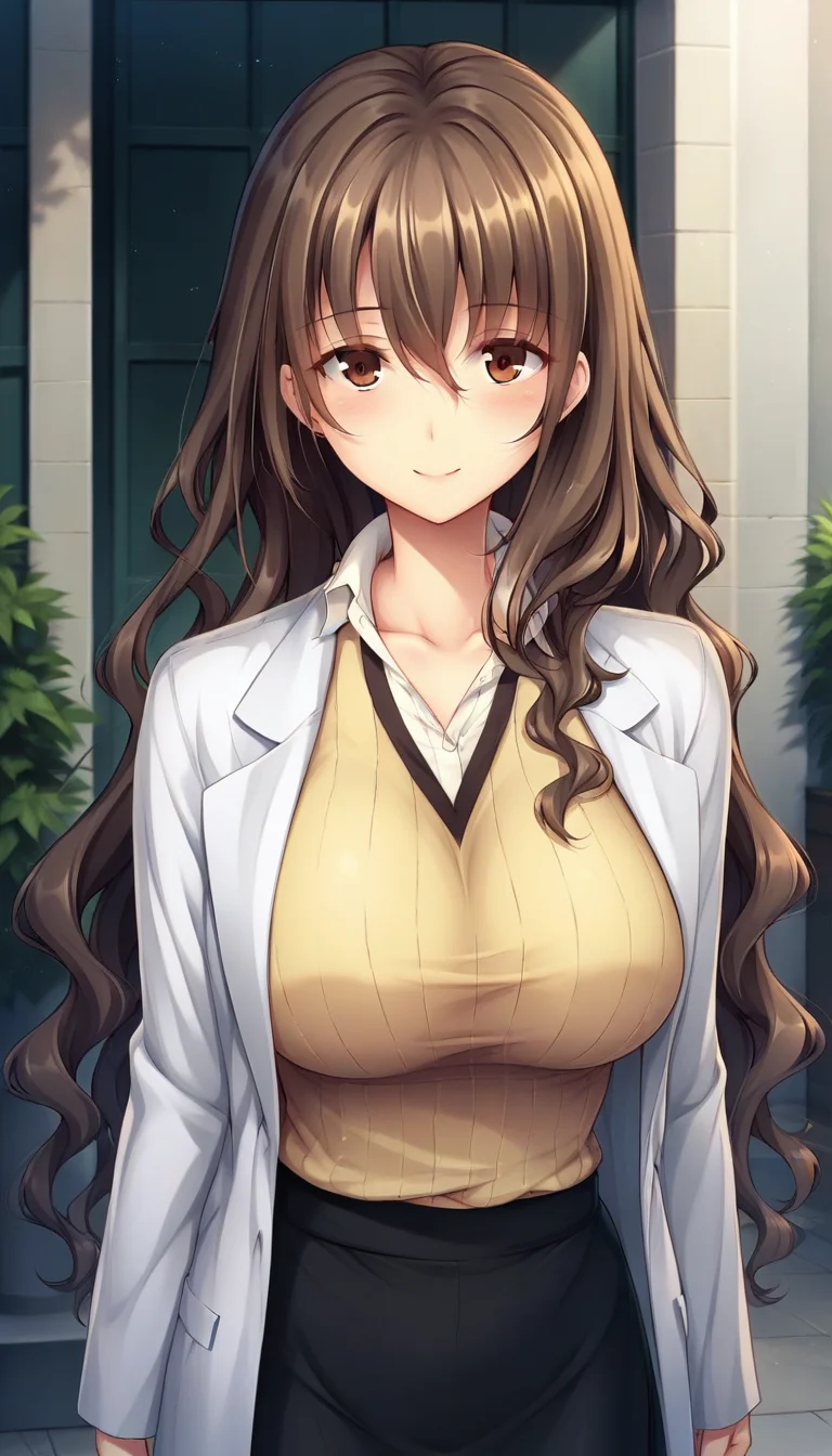 score_9,score_8_up,score_7_up,score_6_up BREAK official art,solo,outdoors,upper body,looking at viewer,facing viewer,smile,blush,Makiura Sayaka,very long hair,brown hair,shiny hair,wavy hair,hair over shoulder,sidelocks,hair between eyes,bangs,brown eyes,collarbone,labcoat,white coat,yellow sweater,ribbed sweater,v-neck,collared shirt,white shirt,dress shirt,long sleeves,large breasts,long skirt,black skirt,black pantyhose,high heels,mary janes,black footwear,<lora:Makiura Sayaka(zasoo)-Pony:1.2>,