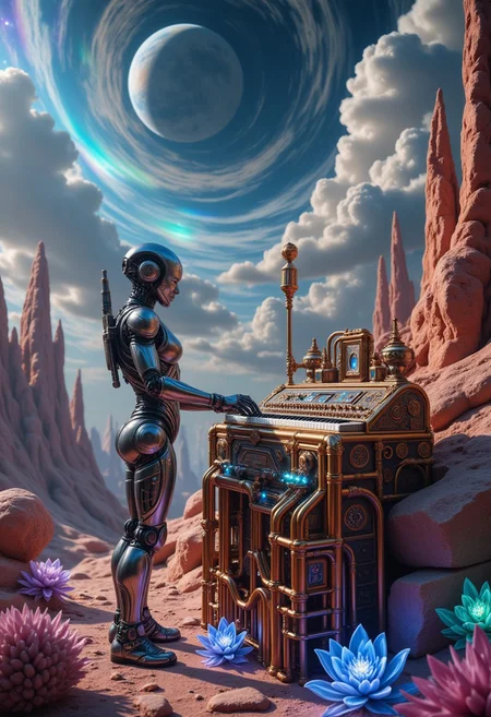 A captivating scene of a humanoid robot standing on a vibrant alien landscape, playing an intricate musical instrument made of twisted, interconnected metal pipes reminiscent of a surreal plumbing network. The sky is filled with swirling iridescent clouds, illuminated by two nearby moons casting long shadows across the jagged, crystalline ground. Bioluminescent plants with soft hues of blue, purple, and green pulse around the robot, while the instrument, crafted from bronze and copper pipes, produces a mysterious melody as the robot adjusts its knobs and keys. The alien flora, with their oversized, luminous petals, sway to the sound, while strange red and orange rock formations rise in the background, creating a mystical, otherworldly atmosphere. The scene is a mesmerizing blend of advanced technology and the untamed beauty of an alien world