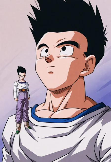 anime, dragonball,
GTGoten, 1boy, spiked hair, tilted hair, black hair, white long sleeved shirt, lavender chino pants, beige brown boots,
portrait, dynamic shadows, stylistic composition, unusual angle