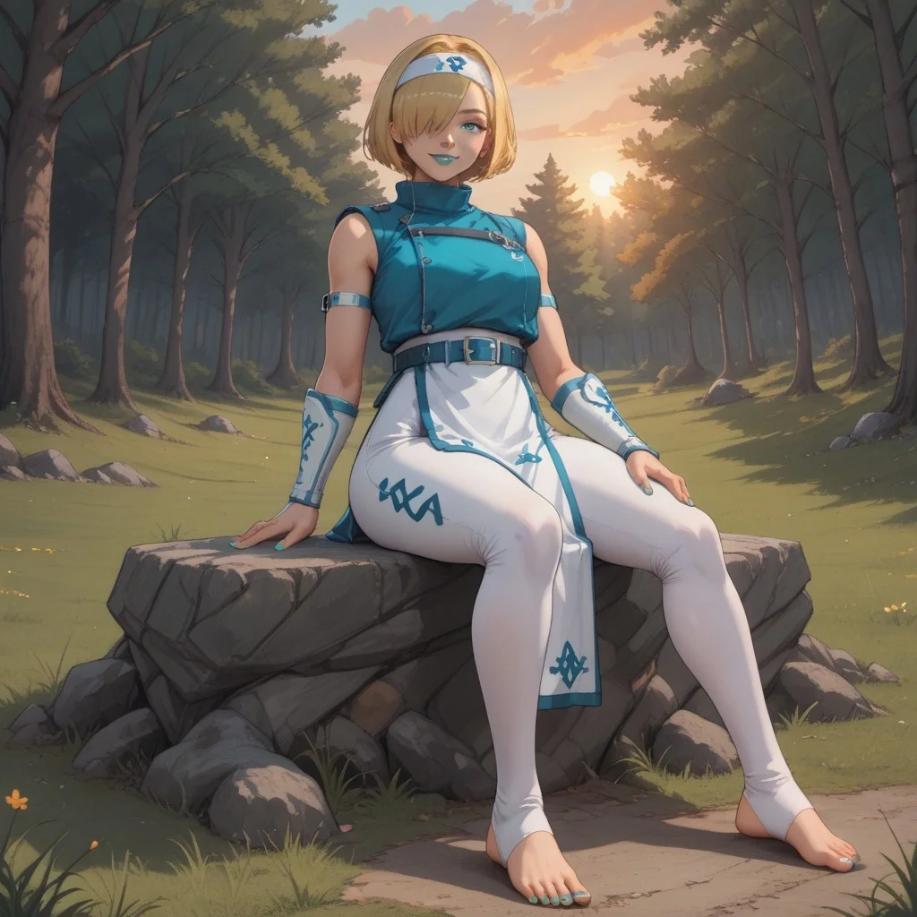 score_9, score_8, BREAK, solo, falke, aqua eyes, blonde hair, short hair, aqua lipstick, aqua lips, hair over one eye, Aqua nails, white headband, white bodysuit, collarbone, white turtleneck, belt, bracer, short pelvic curtain, toeless footwear, Golden belt buckle, sexy pose, self portrait, smile, outdoors, sunlight, shadows, evening lighting, natural lighting, forest, trees, grass, orange sky, sunset, sitting, feet, soles