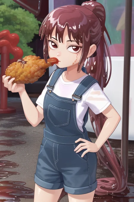 <lora:TFMJellyMage:0.8> JellyMage at a food truck, holding fried chicken, wearing overalls, dripping, puddle, very long ponytail