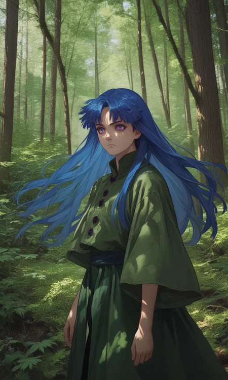 score_9, score_8_up, score_7_up, source_anime, 1girl, bernkastel, long hair, blue hair, purple eyes, nature, realBackground