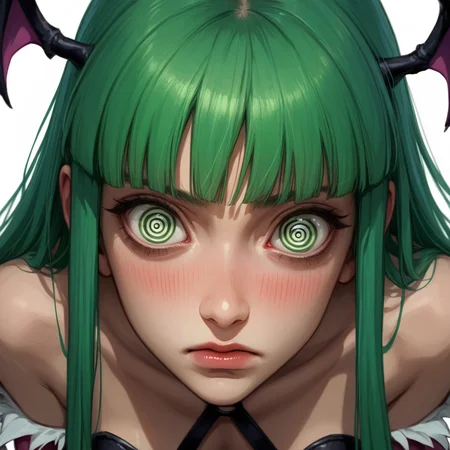 score_9, score_8_up, score_8, (source_anime), eyedetailxl, bettereyes, detailed_eyes, BREAK, Morrigan Aensland, restrained, bound wrists, blush, perfect face, 1woman, 22 years old, (bright_pupils), (ringed eyes), MorriganAe, hime_cut, emerald_green hair, green eyes, blunt bangs, close-up, focus on eyes, focus on face,