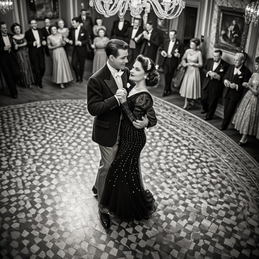 1male, 1female, Graceful couple in stunning vintage outfits, dancing elegantly with poise in a vintage-era setting, retro black and white theme, capturing timeless elegance, focus on the couple as they move gracefully together, with a collection of cherished couple photos displayed in the background, viewed from a bird's-eye perspective, adding depth and a unique angle, enhancing the nostalgic and romantic ambiance.