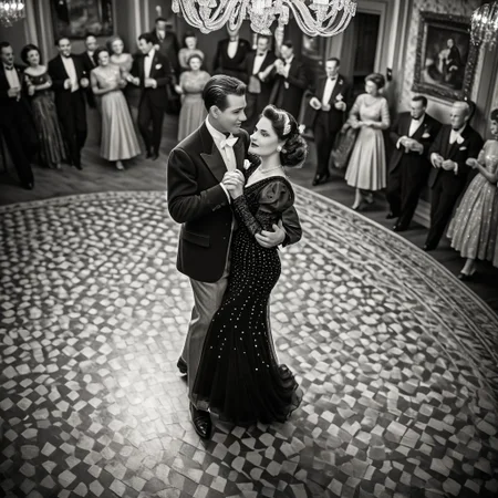1male, 1female, Graceful couple in stunning vintage outfits, dancing elegantly with poise in a vintage-era setting, retro black and white theme, capturing timeless elegance, focus on the couple as they move gracefully together, with a collection of cherished couple photos displayed in the background, viewed from a bird's-eye perspective, adding depth and a unique angle, enhancing the nostalgic and romantic ambiance.