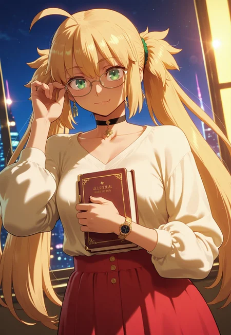 (masterpiece), (best quality), amazing quality, absurdres, (very aesthetic), light particles, scenery, ultra detailed, core_9,score_8_up,score_7_up, BREAK
1girl, solo, artoria caster \(fate\), fate \(series\), green eyes, hair between eyes, blonde hair, long hair, twintails, ahoge, small breasts, jewelry, earrings, glasses, skirt, breasts, choker, red skirt, book, looking at viewer, long sleeves, shirt, collarbone, white shirt, smile, :3, watch, contemporary, window, holding book, wristwatch, indoors, holding, adjusting eyewear, sky, night, night sky, warm light, volumetric lighting, (light particles), [light particles], ambient atmosphere, (a detailed background),  (backlighting), dynamic lighting, dynamic angle, sharp focus, distortion-free, illustration, BREAK
masterpiece,best quality,amazing quality, absurdres, intricate eyes, (detailed eyes), EyesHD, beautiful eyes, perfect eyes, year2024, year2023, ultra high resolution, 8K, UHD, HD, high contrast, (by nyantcha:0.5), (by takeuchi takashi), (by edjim:0.5), (by ratatatat74:0.5), (by niceufotable), (Afrobull:0.5), LDSCH Style, aesthetic, Illust_Synth, oyxehs