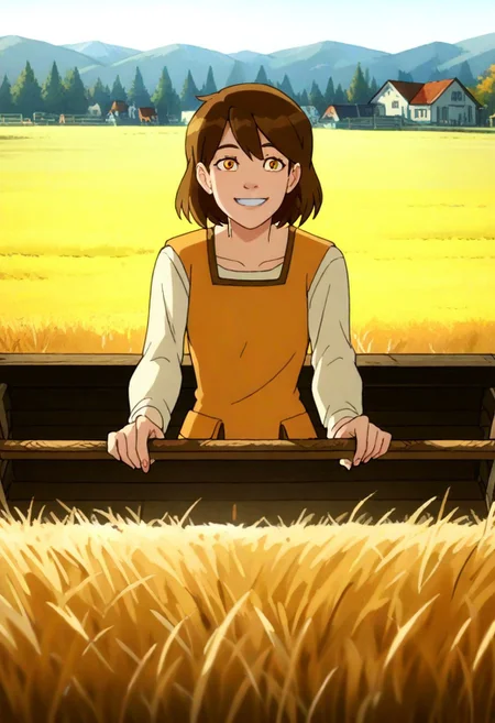 A charming rural illustration showcasing a bright and lively countryside scene. . To the left stands a young girl, depicted with medium-length, wavy brown hair, wearing a simple orange dress. She holds a stick with a red leaf attached, interacting playfully with the grass. Her facial expression is cheerful, reflecting a sense of joy and connection with the animals.
The background is characterized by rolling fields of golden rice paddies on the right and neatly stacked straw bundles on the left, signifying the harvest season. A wooden cart laden with hay is positioned slightly off-center on the dirt path, adding to the rustic atmosphere. Beyond, a small cluster of white farmhouses sits at the base of forested hills, with green and autumnal trees blending harmoniously.