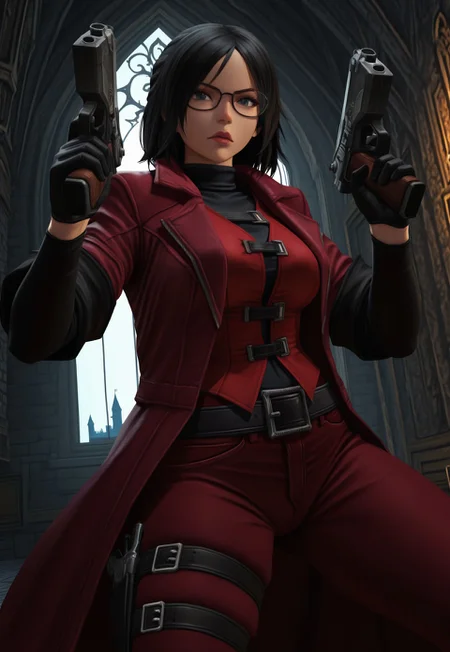 masterpiece, high quality, dynamic angle, 1girl, solo, black hair, glasses , dmc1fit, red trenchcoat, red vest, chest straps, black turtleneck, thigh strap, black sleeves, black gloves, red pants, belt, holding two handguns, action pose, dynamic pose, castle interior, medieval, fantasy, cinematic lighting