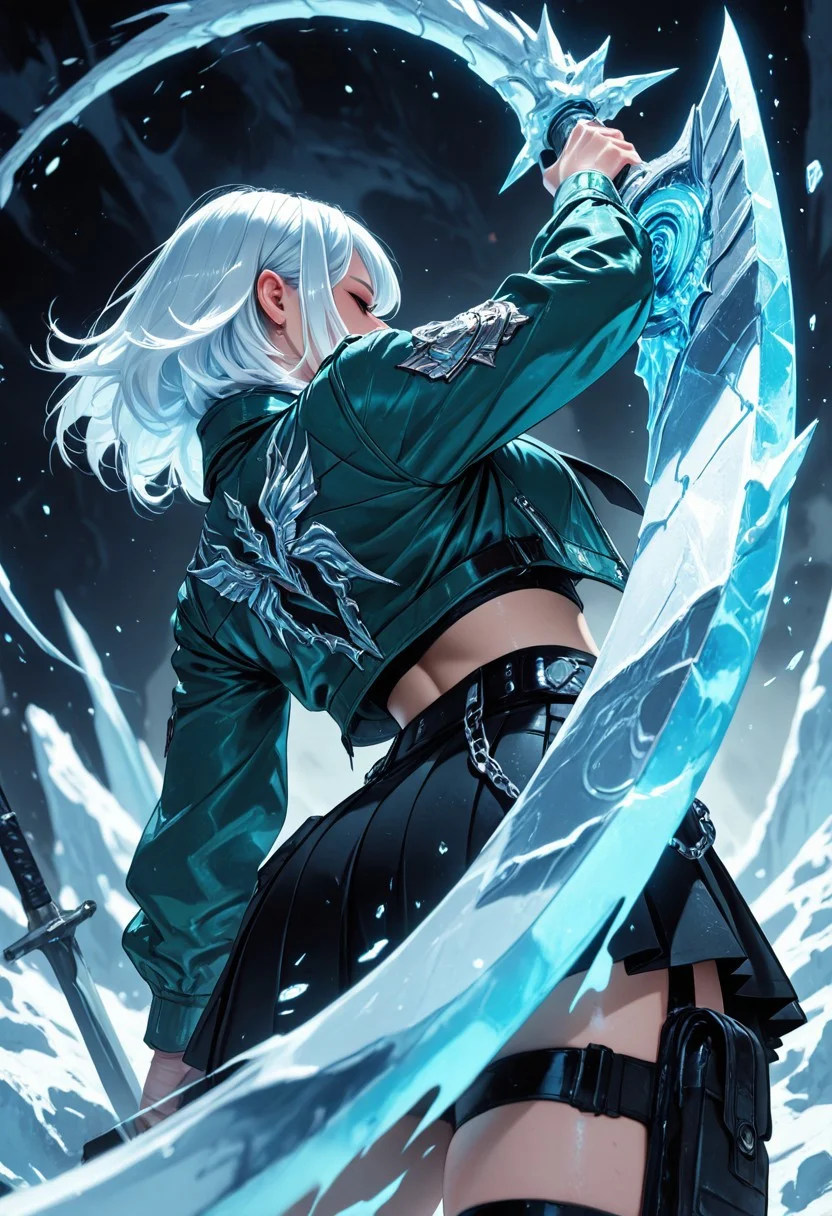 highres, very detailed, amazing quality, masterpiece,
very aesthetic,
particle effect,
1girl, holding sword, oversized weapon, engraved, chains, fusion, green jacket, belts, black tie, black skirt, pleated skirt, jacket, midriff, puches, thigh pouch, white hair,
curvy,
action pose, dynamic angle, dynamic pose, blocking dragons breath with sword,
Dragons, dragon ice breath,
Close up, depth of field, ray_tracing, cowboy shot, motion blur, foreshortening, cyberspace, surreal, very aesthetic, glacier,
From behind, view from behind,