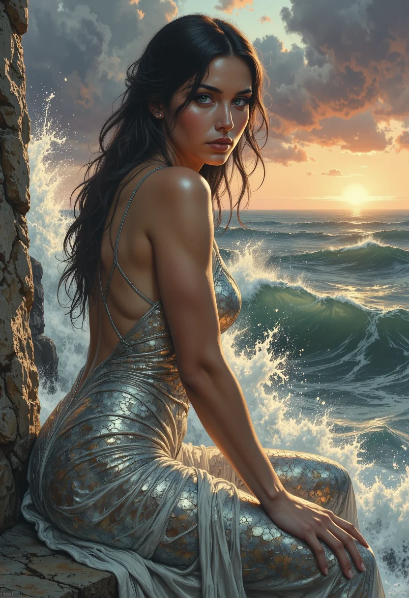 A detailed, head to thigh portrait of a celestial woman sits near the edge of a wind-beaten ocean cliff, captured in a three-quarter profile and as twilight settles over the sea. Waves crashing below and casting mist into the air around her. She wears a sculpted tunic made of shimmering scale-like fragments and threads of silver, each piece catching the light like ocean foam. Her long, salt-kissed hair clings to her back and shoulders, strands swept across her cheek. Her skin emits a faint glow, soft and silvery... highlighting the contours of her face, the curve of her spine, the tension in her fingers pressed to the stone. She leans forward slightly, as if listening to the ocean breathe. Her long, dark hair is swept back by the wind, a few strands stuck to her cheek. Her eyes are steady, her expression a cross between curiosity and amusment as her fixed on the viewer. Behinf her the last light flickers over the churning sea. Behind her, the sky melts into rich twilight â deep violets, storm blues, and a thin band of fading amber at the edge of the world. Spray from the waves curls around her like low fog, catching light and movement in chaotic bursts. She stands alone, unwavering, the embodiment of stillness amid storm... her expression unreadable, timeless. The scene pulses with contrast: serenity in her posture, fury in the sea below, beauty in the decay of light. <lora:Mezzotint_Artstyle_for_Flux_-_by_Ethanar:0.5500000000000002> <lora:SkoolDaze_Fantasy_v250:0.5500000000000002> <lora:illustration20FLUX20.XsbF:0.3500000000000001> <lora:Cyber_Punk_Anime.LgFo:0.3500000000000001>