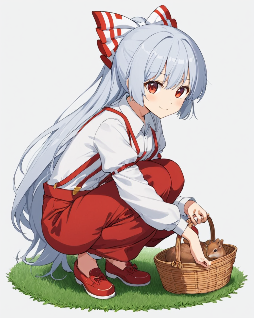 fujiwara no mokou,1girl, red_pants, squatting, suspenders, long_sleeves, hair_bow, solo, white_shirt, smile, ofuda, red_footwear, white_background, basket, full_body, shoes, collared_shirt, simple_background, white_bow, closed_mouth, squirrel, grass, animal, holding
<lora:fujiwara_no_mokou_image4672_2023-12-14-000008:1>,star-shaped_pupils,symbol-shaped_pupils,. gorgeous,key visual, vibrant, studio anime,award-winning, professional, highly detailed,high budget, cinemascope