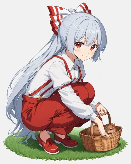 fujiwara no mokou,1girl, red_pants, squatting, suspenders, long_sleeves, hair_bow, solo, white_shirt, smile, ofuda, red_footwear, white_background, basket, full_body, shoes, collared_shirt, simple_background, white_bow, closed_mouth, squirrel, grass, animal, holding
<lora:fujiwara_no_mokou_image4672_2023-12-14-000008:1>,star-shaped_pupils,symbol-shaped_pupils,. gorgeous,key visual, vibrant, studio anime,award-winning, professional, highly detailed,high budget, cinemascope