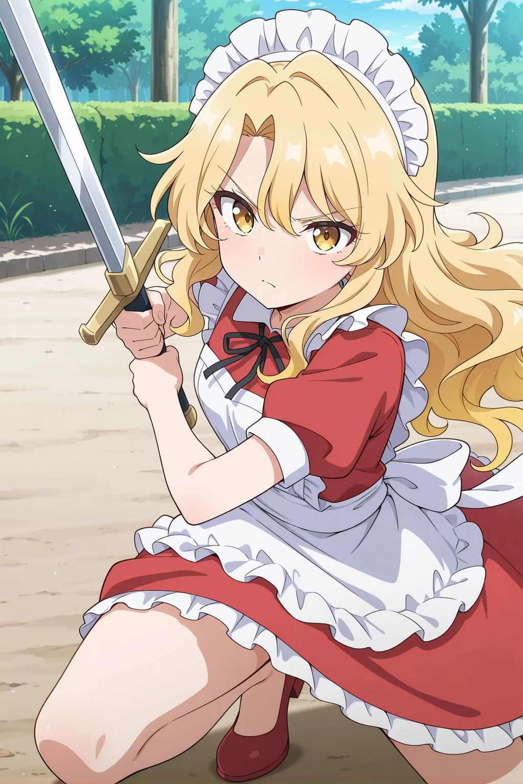 absurdres, highres, masterpiece, best quality, amazing quality, official anime artwork, screencap, anime screencap, outdoors, dynamic pose, serious,
<lora:Yumeko_Illustrious:1> yumeko, 1girl, solo, yellow eyes, blonde hair, long hair, wavy hair, small breasts,, maid headdress, neck ribbon, black ribbon, red dress, puffy short sleeves, maid apron, white apron, red shoes, holding sword, fighting stance,