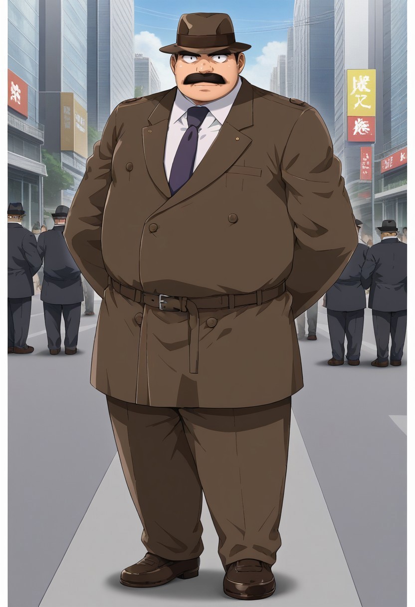 Megure, Hat, man suit, mustache, standing, looking at viewer, high detail, tokyo city background