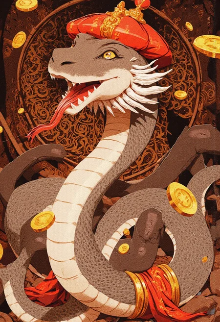 This is a digital drawing in a cartoon style featuring a cheerful, anthropomorphic snake. The snake has a wide, expressive face with large, round, yellow eyes and a broad, friendly grin. Its smooth scales are primarily white with a few gray markings, particularly around its head and tail. The snake is wearing a red, traditional Chinese-style hat with a gold band and a small, golden ornament on top. It also has a red, decorative sash with gold trim wrapped around its upper body, emphasizing a festive and elegant appearance.
Surrounding the snake are several gold coins with a star pattern, floating in the background, symbolizing prosperity and good fortune. The background itself consists of a complex pattern of brown and gold geometric shapes, adding a sense of depth and texture to the image. The snake's body is coiled gracefully, with its head raised high and tongue playfully flicking out, conveying a sense of joy and celebration.
The overall color palette is warm, with the red and gold elements contrasting beautifully against the snake’s lighter scales and the earthy tones of the background. The image exudes a playful and festive atmosphere, aligning with the theme of the Year of the Snake in Chinese tradition.mythp0rt, zhongfenghuaStyle, Detailed hand, Hand, Perfect hand, art by incase