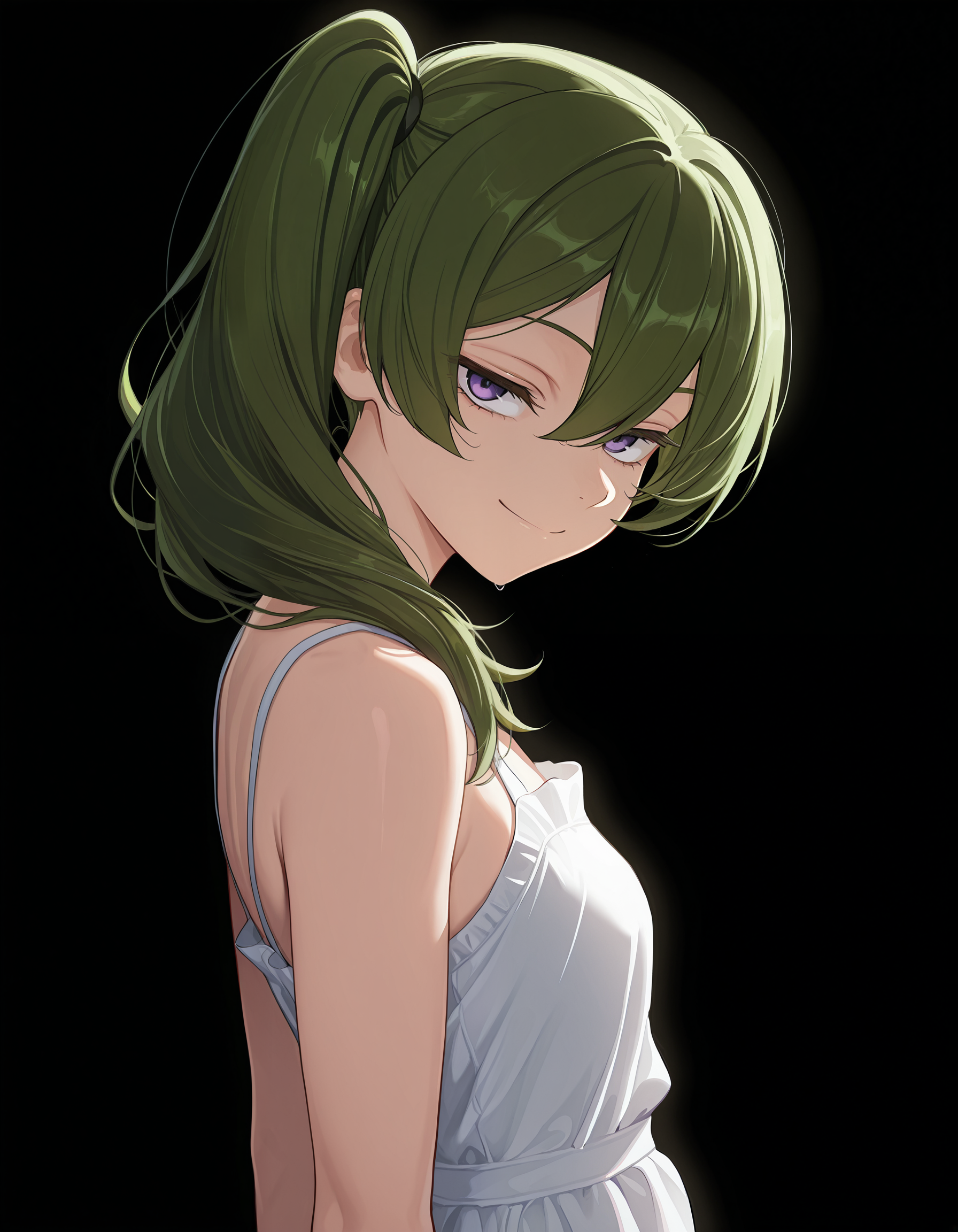<lora:Ubel v2 Illu:1>1girl, solo,
ub3l, green hair, purple eyes, long hair, side ponytail, hair between eyes,
sundress, looking to the side, closed smile, looking at viewer, 
simple background, black background