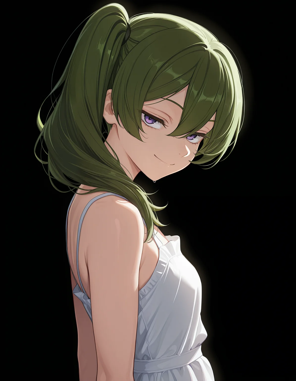 <lora:Ubel v2 Illu:1>1girl, solo,
ub3l, green hair, purple eyes, long hair, side ponytail, hair between eyes,
sundress, looking to the side, closed smile, looking at viewer,
simple background, black background