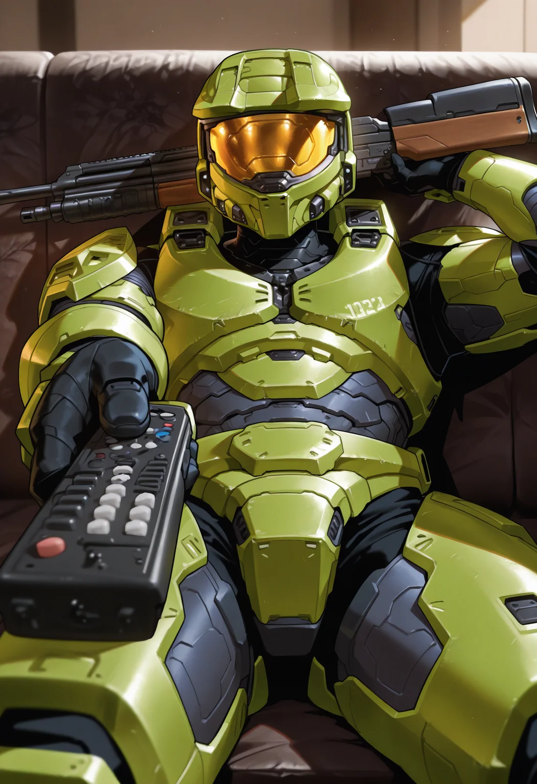 masterpiece, best quality, newest, absurdres, highres, 1boy, sitting, gun, controller, on couch,
<lora:ManWatchingTVMeme_illusXLNoobAI_Incrs_v1-000012:1>, <lora:masterchief-halo-richy-v1_ixl:1> masterchief, helmet, visor, power armor, shotgun,