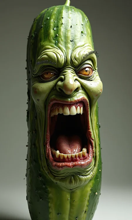 Hyperrealistic cucumber with a grotesquely anthropomorphic face, screaming in intense rage or agony. Elongated cylindrical shape with textured green skin, transitioning seamlessly into wrinkled, flesh-like features. Eyes bulge outward, bloodshot and strained, with pale, watery flesh forming eerie eye sockets. Brow deeply furrowed, creating harsh lines across the cucumber's surface. Nose scrunched and flared, nostrils clearly visible. Mouth stretched impossibly wide, revealing rows of human-like teeth and a moist, glistening tongue. Lips pulled back in a snarl, exposing gums. Cheeks contorted, emphasizing the screaming expression. Skin pores and fine hairs visible on the face portion, blending into the more typical cucumber texture with its tiny bumps and ridges. Vivid green coloration with subtle variations in tone, highlighting the vegetable's curvature. Harsh lighting from above casts dramatic shadows, accentuating the three-dimensional quality and the grotesque facial features. Background is a neutral grey gradient, focusing attention on the surreal, nightmarish cucumber creature.