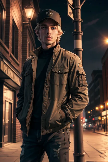 (masterpiece, best quality, high quality, highres, ultra-detailed), city, scenery, night, building, sign, cityscape, pantyhose, skyscraper, street lights,
solo, 1boy, gray eyes, short Crew Cut, sand blonde hair, triangular face, looking at viewer, outdoors, hands in pockets, khaki jacket, black loose jeans, black baseball cap,
AS-Adult, Asian-Less, OverallDetail,