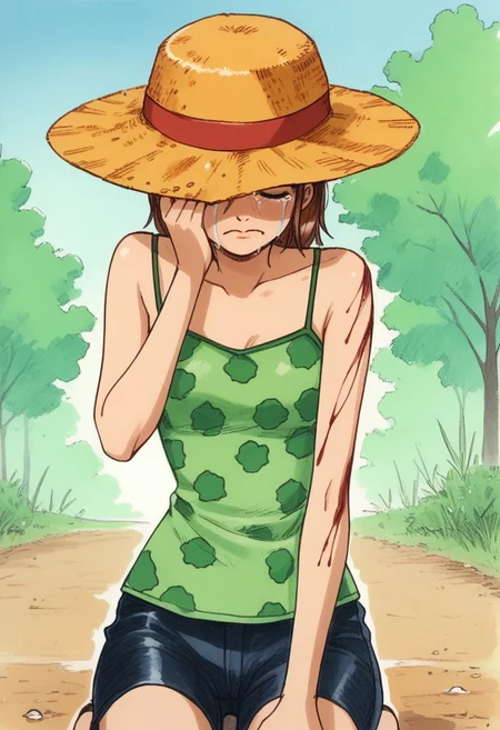 Bpb1,traditional media,score_9, score_8_up, score_7_up, score_6_up, ,1girl, solo ,  outdoors,,  cowboy shot,crying, straw hat, kneeling, bloody shoulder, green shirt, dark shorts