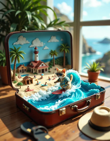 An open suitcase reveals a miniature beach town, complete with tiny palm trees, surfboards, and beach huts. The suitcaseâs interior is painted to resemble the ocean, with waves made of flowing blue fabric. An anthropomorphic cat, wearing a Hawaiian shirt and sunglasses, surfs a wave made of shimmering silk. The catâs fur is a sandy beige, blending with the beachy theme. In the background, tiny villagers relax on the sand, and a miniature lighthouse stands on a rocky outcrop. The suitcase sits on a wooden floor, with a pair of flip-flops and a sunhat nearby, suggesting a tropical vacation,  <lora:aidmaMJ6.1_v0.5_IL:0.4> aidmaMJ6.1,  <lora:aidmaFLuxPro1.1_v0.3:0.35> aidmafluxpro1.1,  <lora:cheats:0.5>,  <lora:aidmahyperrealism_IL:0.4> aidmaHyperrealism,  <lora:FluxDFaeTasticDetails:0.3>