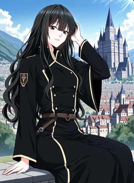 <lora:Kathyln_Glayder__The_Beginning_After_the_End__Illustrious-000009:1>
1 girl, solo, black eyes, brwon eyes, very long hair, black hair, bangs, wavy hair, ahoge, hair between eyes, small breasts, black uniform, long skirt, black thighhighs, balck footwear, sidelocks, long sleeves, belt, frills
score_9, score_8_up, score_7_up, very aesthetic, source_anime, detailed, high quality, beautiful, masterpiece, detailed eyes, castle, village, blurry background, cityscape, pose dynamic angle, light smile, open mouth, hand on hair, sitting, <lora:iLLMythG0thicL1nes:1>