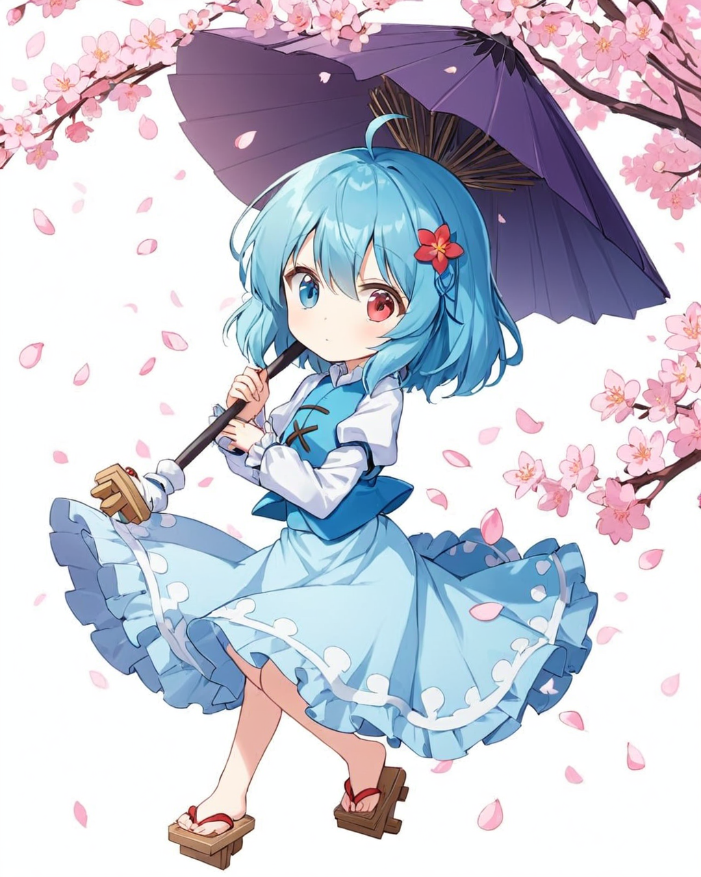 tatara kogasa,1girl, solo, heterochromia, cherry_blossoms, blue_vest, full_body, geta, white_shirt, blue_skirt, petals, holding_umbrella, juliet_sleeves, frills, looking_at_viewer, hair_flower, white_background, simple_background, closed_mouth, ahoge, karakasa_obake
<lora:tatara_kogasa_image6022_2023-12-20-000007:1>,star-shaped_pupils,symbol-shaped_pupils,. gorgeous,key visual, vibrant, studio anime,award-winning, professional, highly detailed,high budget, cinemascope
