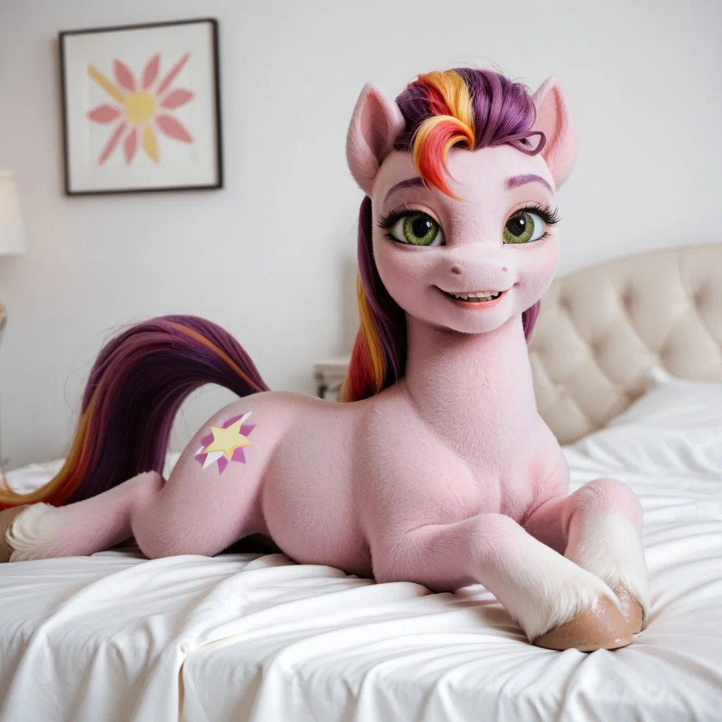 score_9, score_8_up, score_7_up, score_6_up, score_5_up, score_4_up, masterpiece, high quality, realistic, detailed, best quality, white bed, solo, rating_safe, source_furry, bedroom, smiling, seductive, looking at viewer, on bed, lying on belly, velvet_starscout, earth pony, pony, green eyes, female, 1girl, tail, mane, star cutie mark