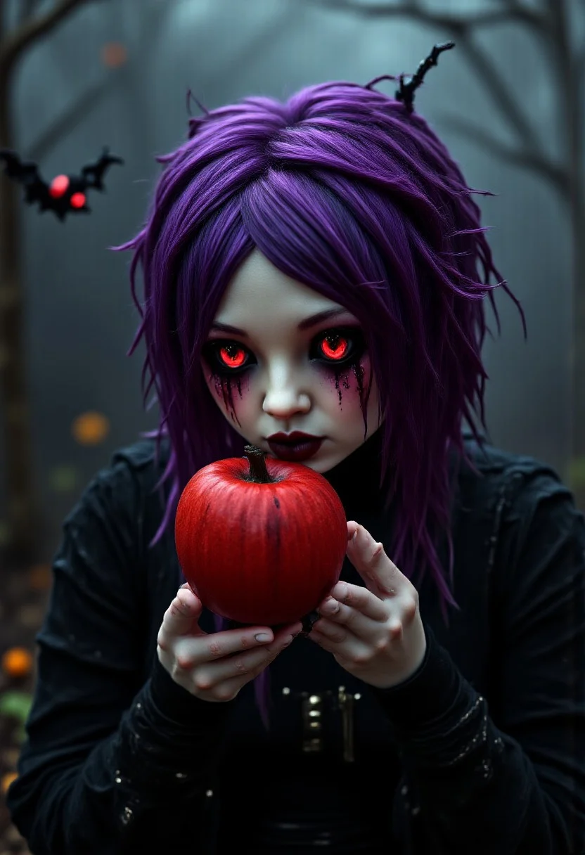 Aaaaaaaaaah! A high quality losess HD photograph of an evil witch doll is preforming a magic ritual in the forest, eating an extremely juicy red apple with juice flowing down her face, as others stand around drinking tea and doing magic