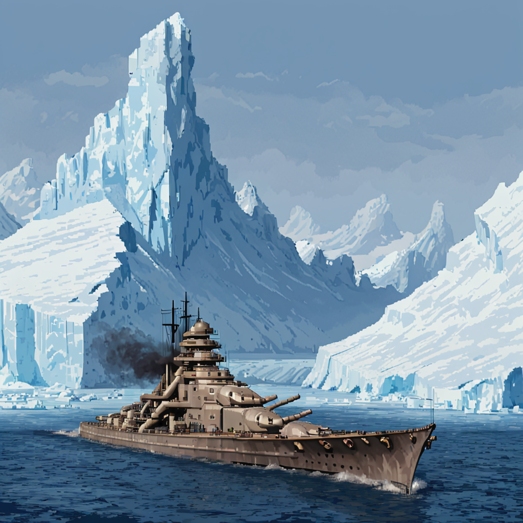 bsmrck battleship is sailing past icebergs and ice mountain shores, ((pulp_comic, heavy_lines, hand_drawn, hand_inked, hand_colored, apxlz))
