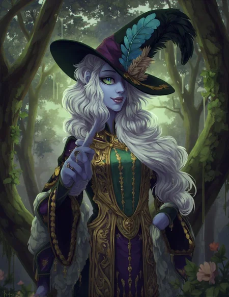 <lora:ck-LttleGhost-000011.safetensors:1> in the style of ck-lttlegh0stA ghostly figure stands amidst a dreamy forest background, donning pale blue skin, flowing white hair, and an ornate black hat with feathers. Their elaborate robe is layered in gold, purple, and green fabrics, adorned with tassels and featuring intricate patterns. A silver ring adorns their finger, as the digital painting blends fantasy and surrealism elements.