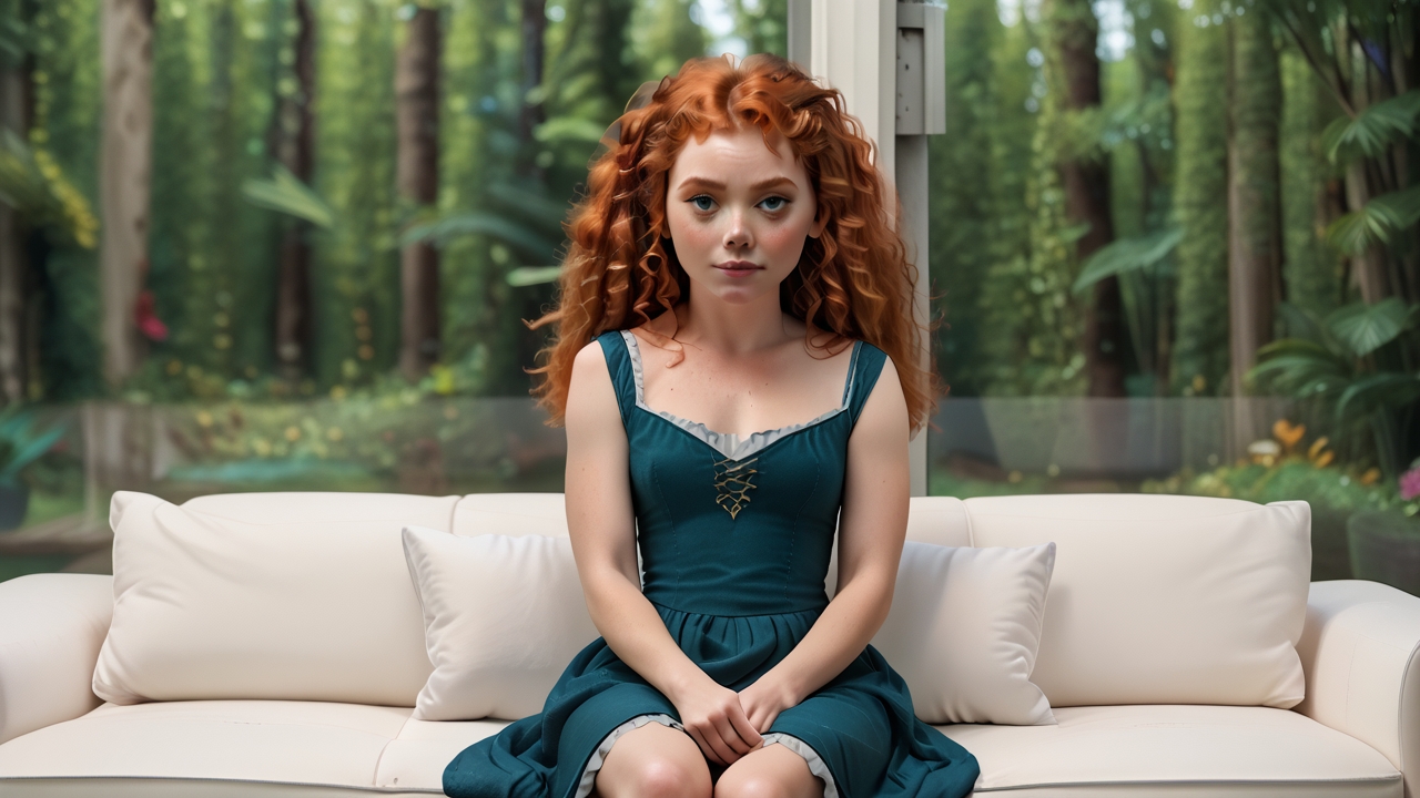 princess Merida, <lora:princess_pony_v1:0.6> g00dp0rt, 1girl, on couch, solo, sitting,dress, blurry background solo, , l0r4cchd <lora:cchdcustomlogolessmerge:.85>, zPDXL3 zPDXLxxx
