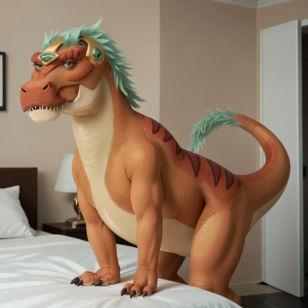 score_9, score_8_up, score_7_up, score_6_up, score_5_up, score_4_up, masterpiece, high quality, realistic, detailed, best quality, white bed, solo, rating_safe, source_furry, bedroom, lying on belly, smiling, seductive, (looking at viewer:1.2), full body, standing, detailed eyes, Tyrannosaurus_ram, dinosaur, tyrannosaurus, orange scales, green hair, tail, claws, 1girl, female, black eyes, headgear, feral